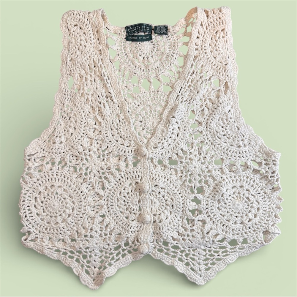 Cherry Stix Y2K Vintage Hand Knitted White Vest Button Up Boho Festival Crop